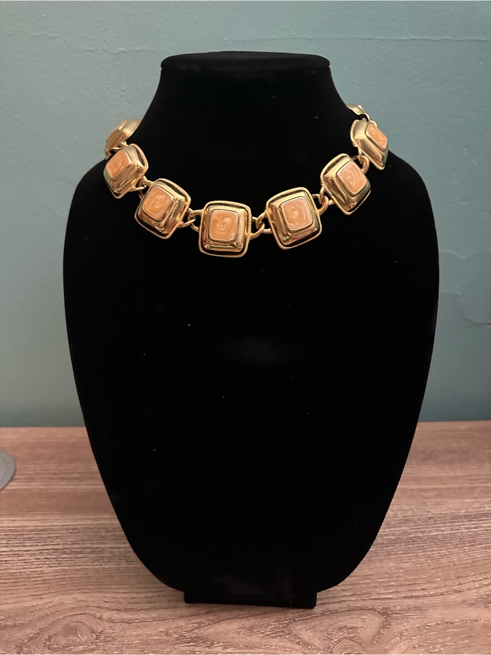 Gold tone and Peach Square Link Necklace| 17 inches